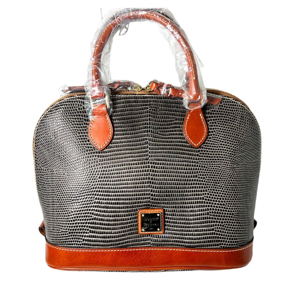 SOLD Dooney & Bourke Womens Grey Leather Lizard Embossed Zip Zip Satchel Handbag - Picture 3 of 14